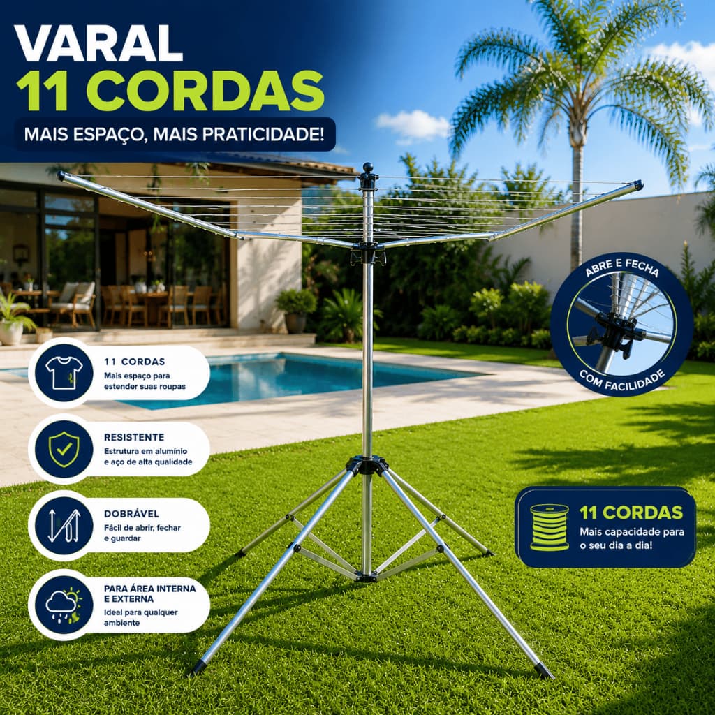 Varal de Chão Alumínio 11 Cordas Dobrável 4 Pés Ajustável Reforçado Grande 185x130cm