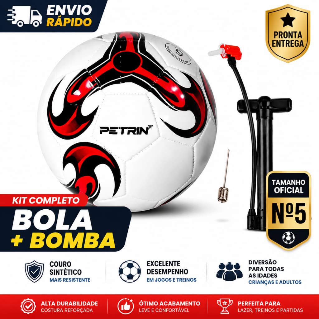 Kit Bola de Futebol Nº 5 Oficial + Bomba de Ar | Couro Sintético Resistente | Ideal para Jogos, Treinos e Lazer