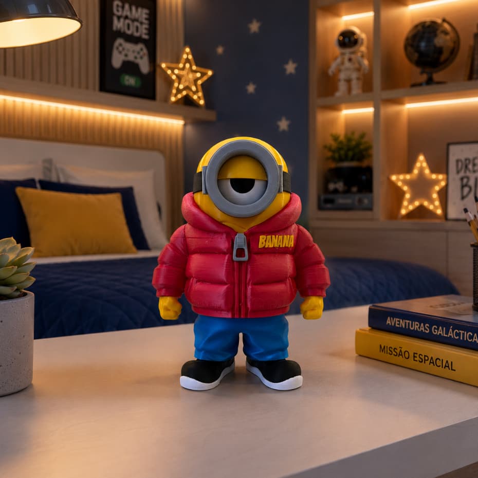 Boneco Decorativo Estilo Minion com Jaqueta Vermelha Impresso em 3D