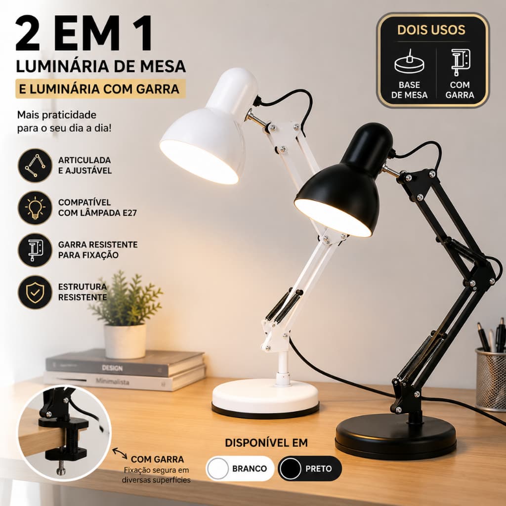Luminária de Mesa Estilo Pixar Articulada 2 em 1 com Base e Garra, Soquete E27 para Escritório e Estudo