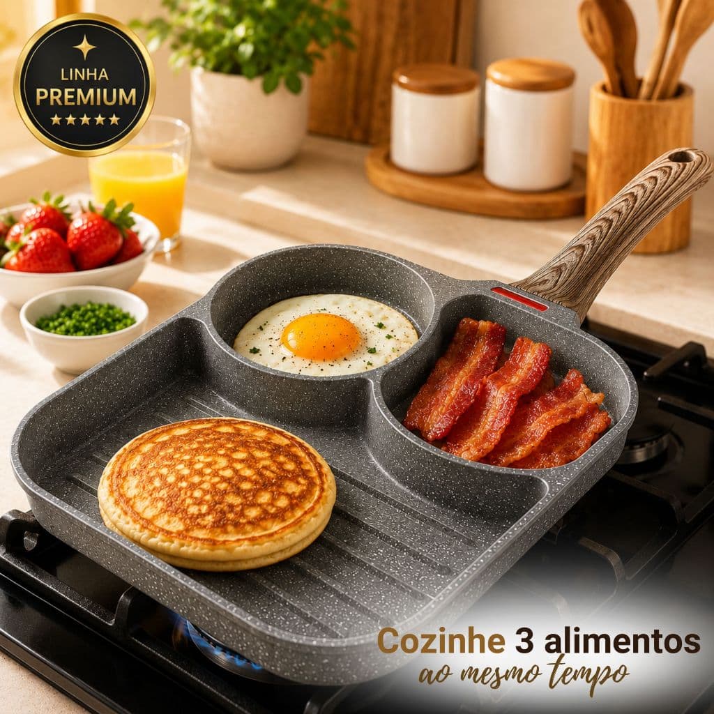 Frigideira Antiaderente 3 em 1 Cerâmica Gourmet de Ovos Para Fogão Elétrico Coocktop  Gás