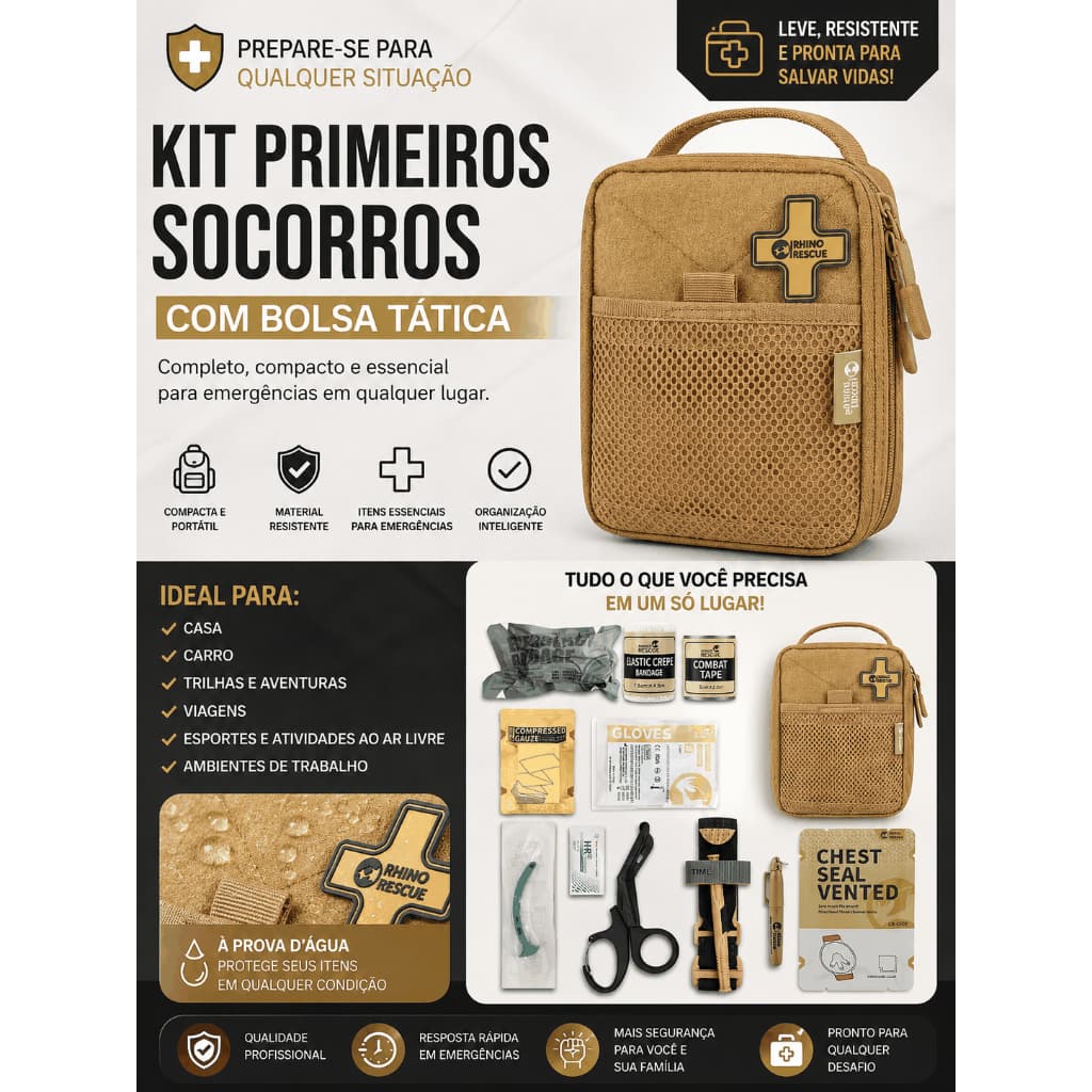 Kit APH IFAK Rhino Rescue 12 Itens Bolsa Tática Impermeável para Emergências