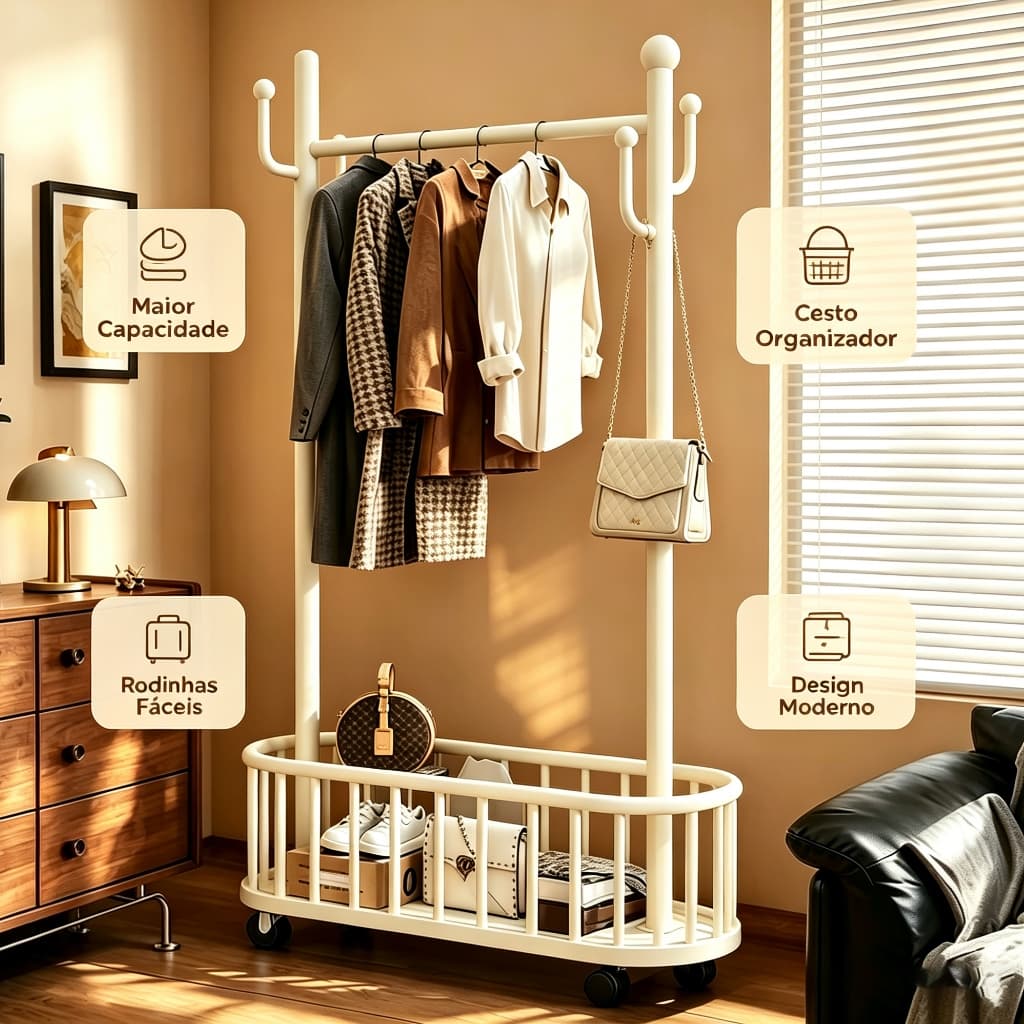 Arara de roupas móvel com cesto organizador e ganchos, cabideiro resistente para quarto, hall e closet