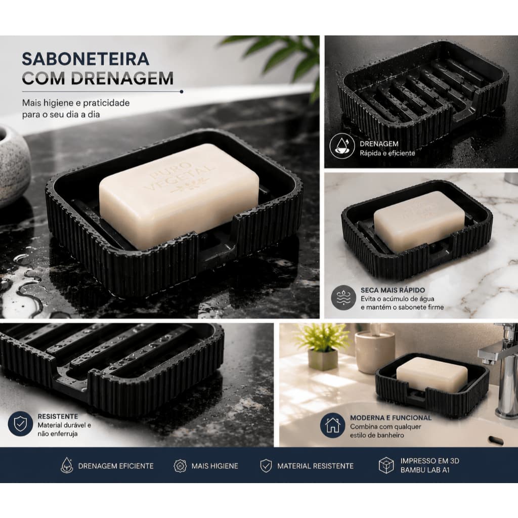 Saboneteira com Drenagem Preta Mantém o Sabonete Seco por Mais Tempo