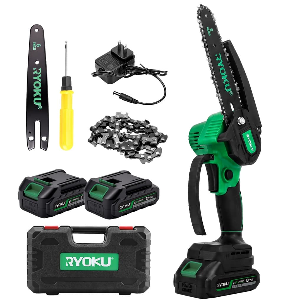 Motosserra Elétrica Sem Fio Brushless RYOKU 6 Pol 20V 2 Baterias Com Maleta Para Poda de Árvores