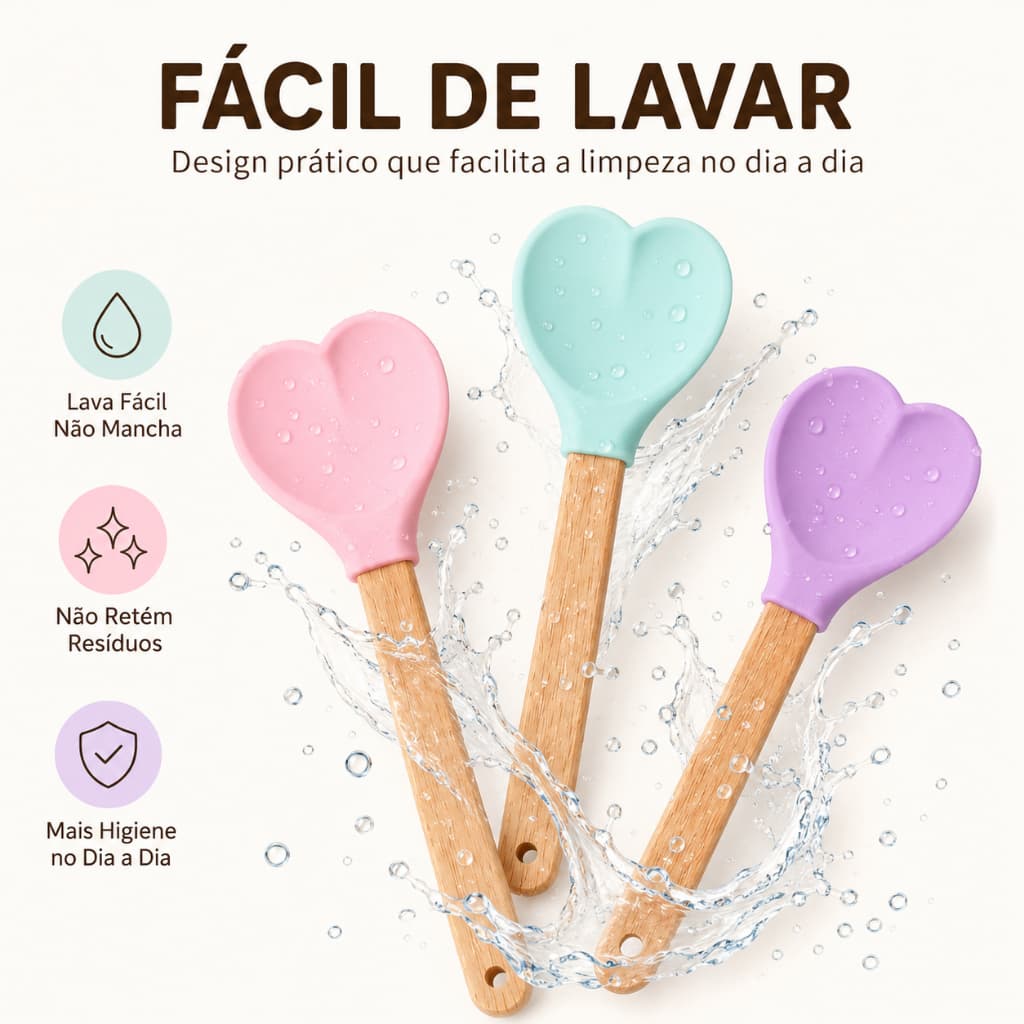 Espátula Colher de Silicone Coração com Cabo de Madeira para Cozinhar, Misturar e Servir