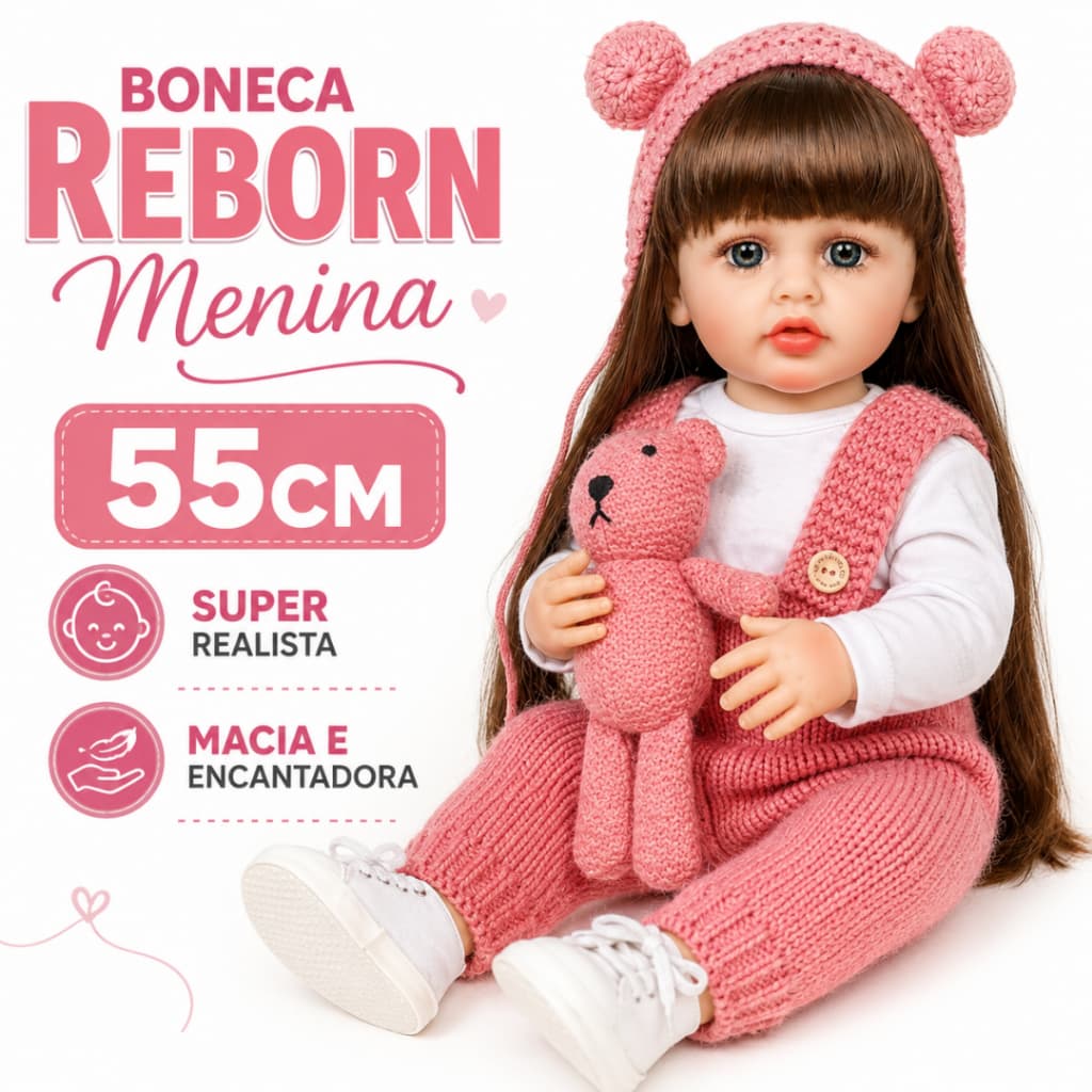 Boneca Reborn de 55cm, silicone macio, realista e encantadora. Perfeita para brincar ou colecionar.
