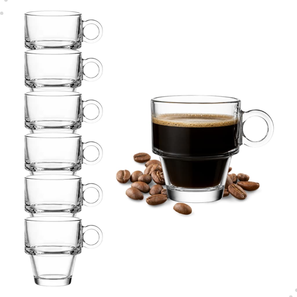 Jogo 6 Xícaras Café 90ml Vidro Alça Empilhável Expresso Kit Canecas Mesa Cantinho Encaixável Bar
