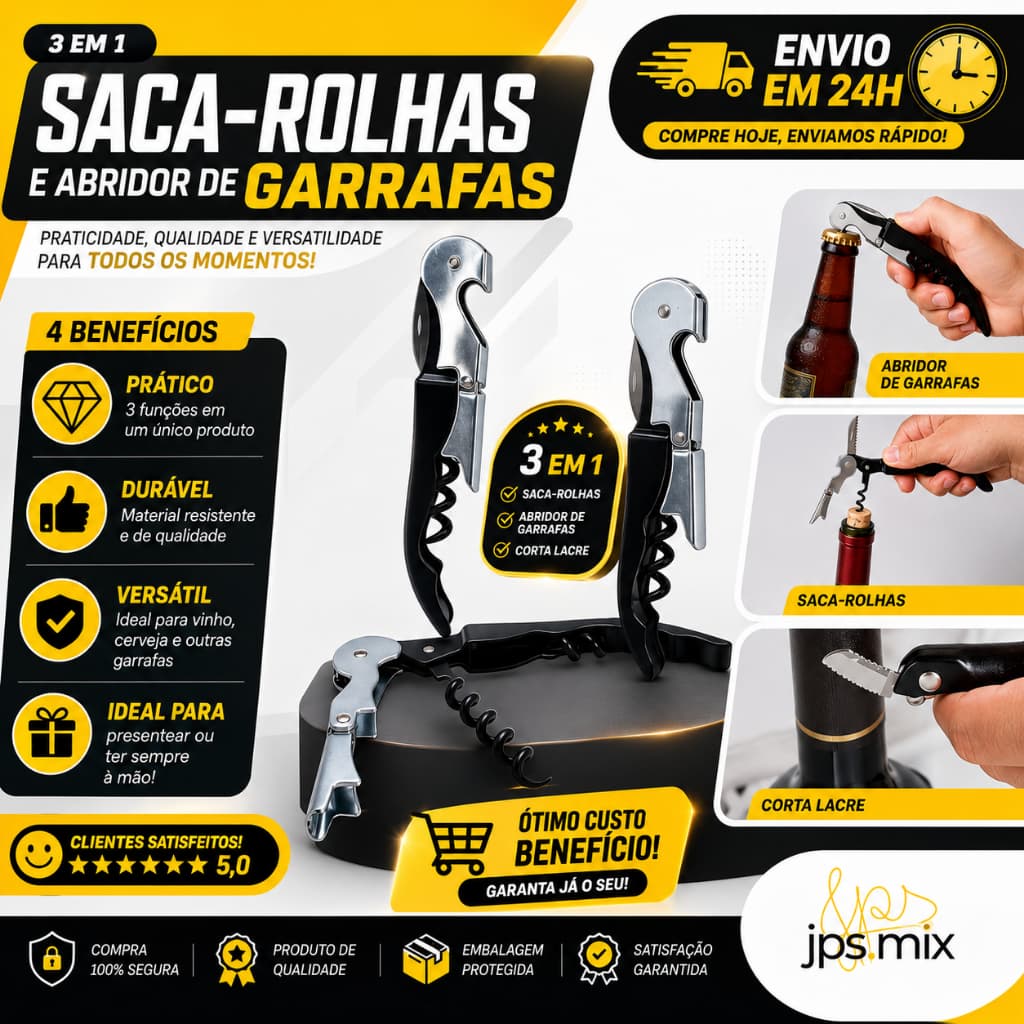 Saca Rolhas Profissional 3 em 1 Abridor de Garrafas Vinho Cerveja Chope com Corta Lacre