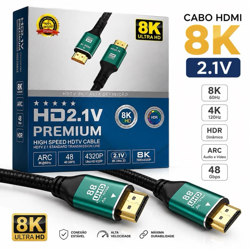 Cabo 8k-10 metros  HDMI 2.1V Premium 8K Ultra HD – Alta Velocidade 48Gbps