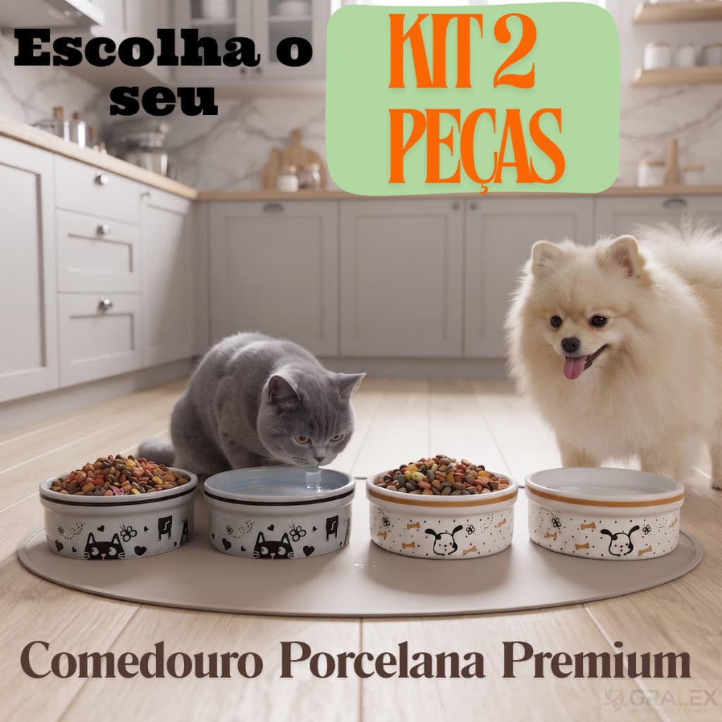 Comedouro Pet Porcelana Premium Gato Cachorro Kit 2 Escolha a Variação 330ml Água e Ração