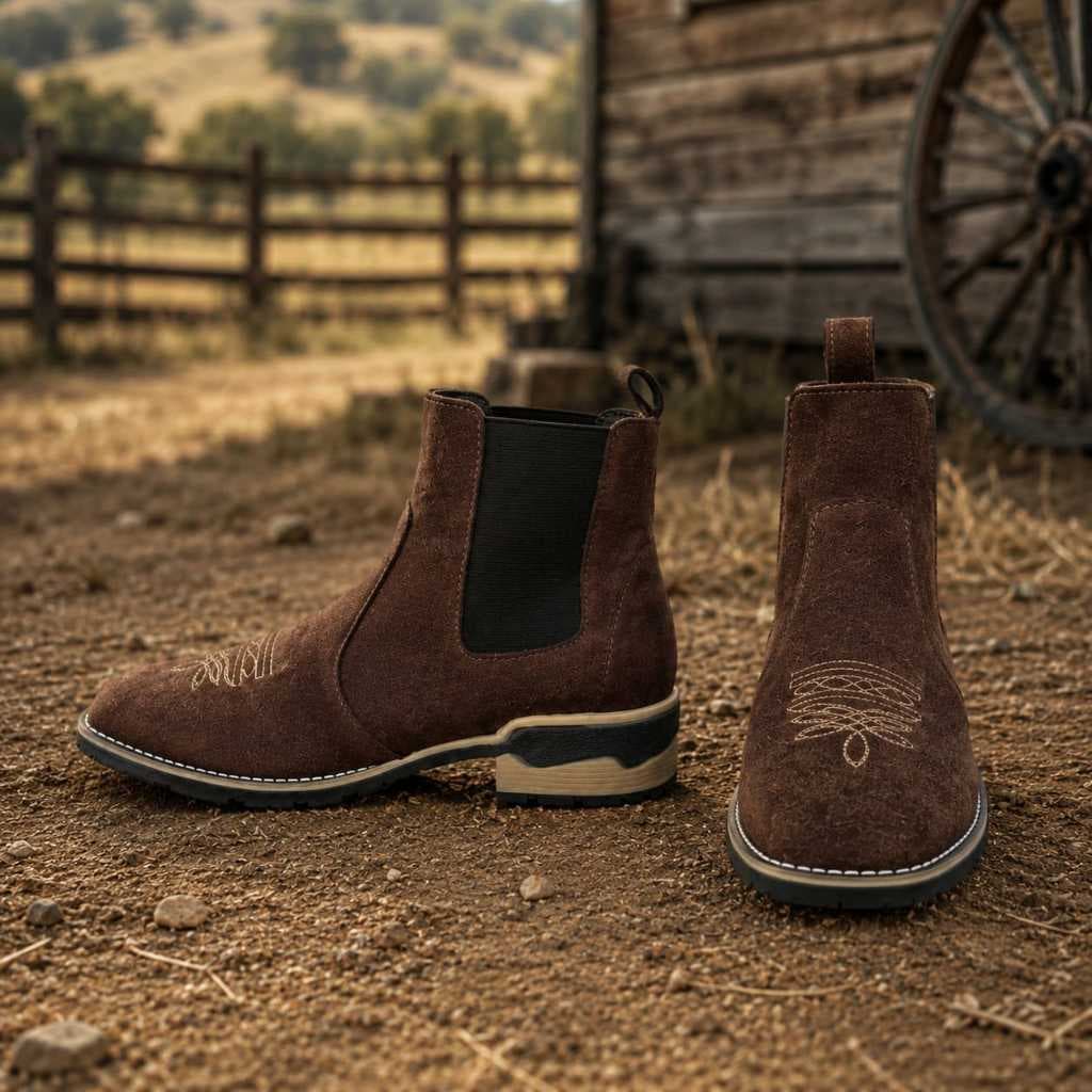 Botina Country  Chelsea Bordada Unissex Casual em Camurça Marrom do 33 ao 44 - Bota Confortável para Trabalho, Passeio