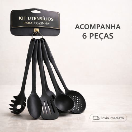 Kit 6 em 1 Utensílios de Cozinha  Resistente – Colher, Concha, Espátula, Pegador e Mais!