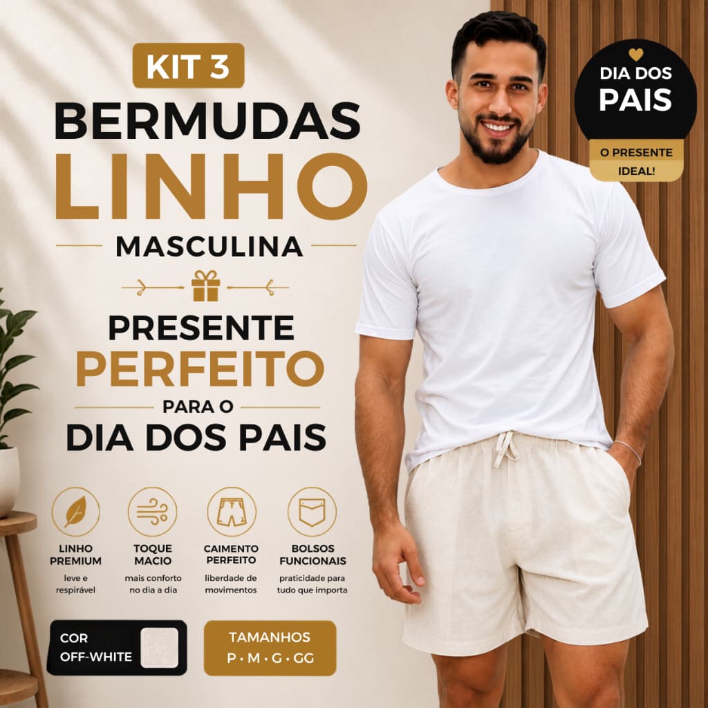 Kit 3 Bermudas Linho Masculina Premium Casual Leve Com Bolso Cós Elástico Confortável Praia Dia a Dia
