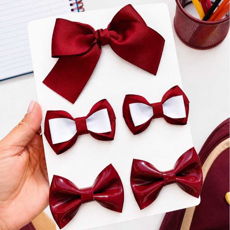 Kit laço escolar vermelho marsala bordô Volta às aulas parzinho laço marsala e branco Laço para uniforme