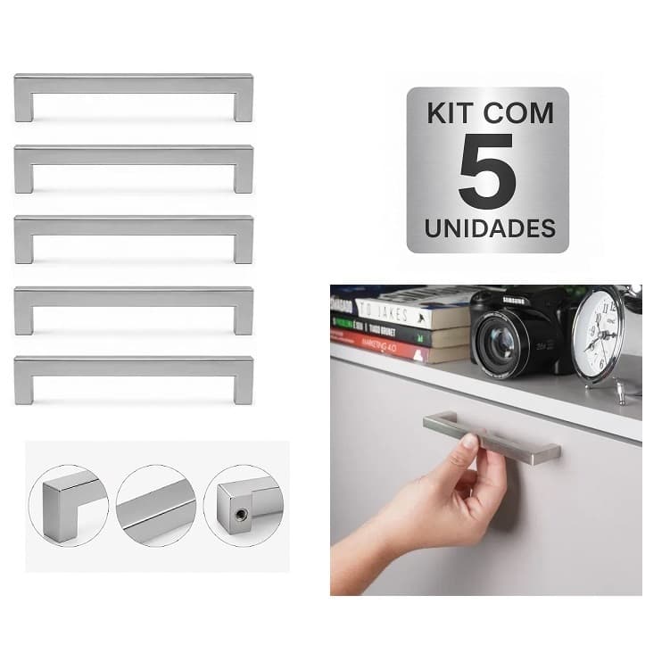 Kit 5 Puxadores Rezzo Il811 Inox Escovado 96mm Moveis Armarios Portas Gavetas Cozinha
