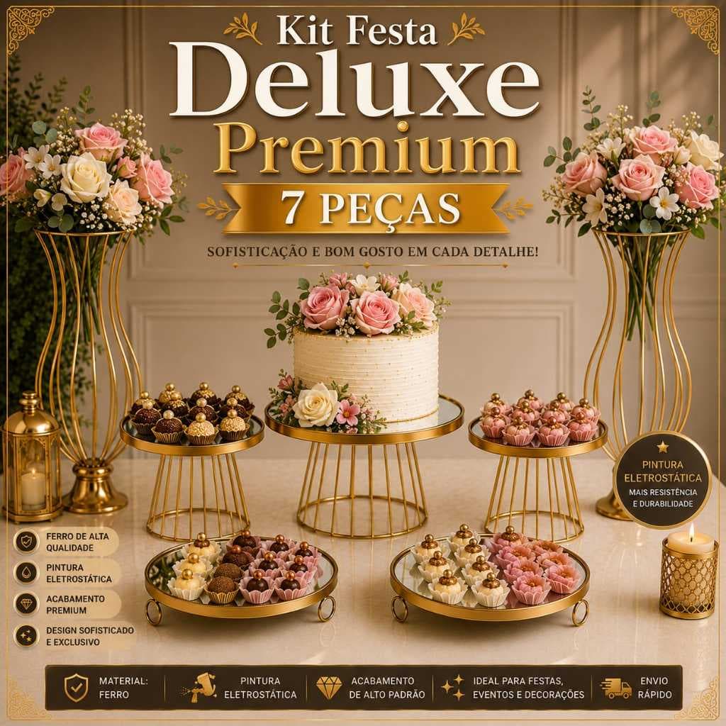KIT FESTA DELUX PREMIUM 7 PEÇAS DECORAÇÃO BOLEIRA + DOCEIRAS + VASO