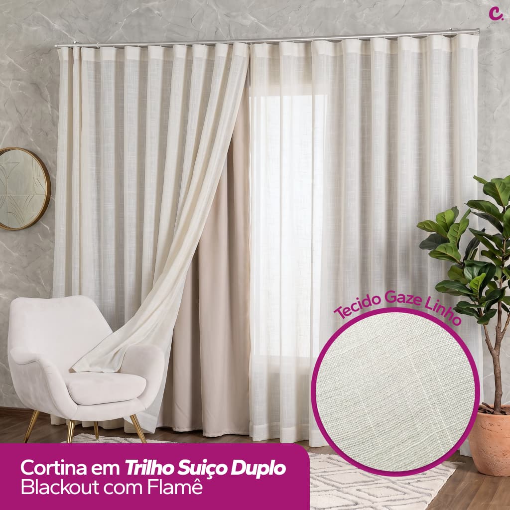 Cortina Trilho Suíço Duplo Voil Linho + Forro Blackout 6,00x2,30/2,40/2,50/2,60/2,70/2,80 Alto Padrão