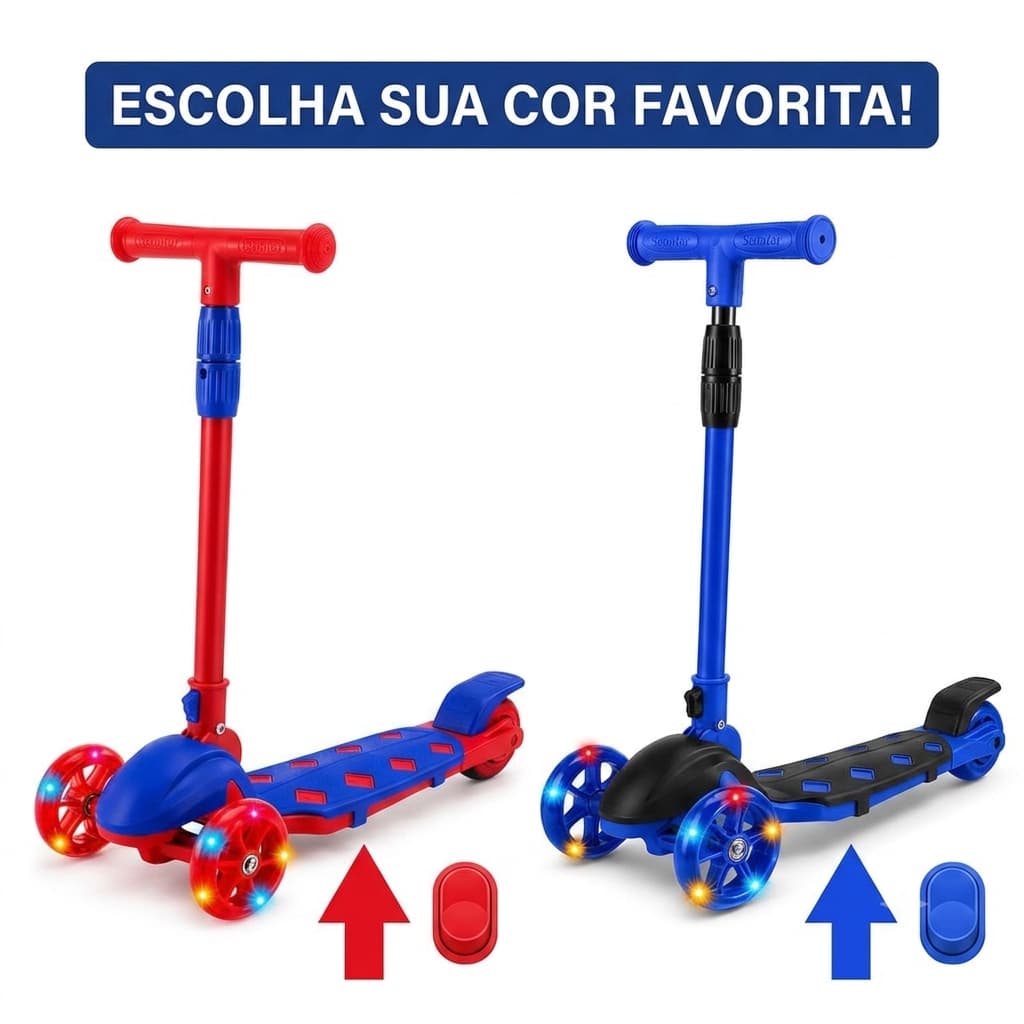 Patinete Infantil 3 Rodas e com Luz LED - Azul ou vermelho