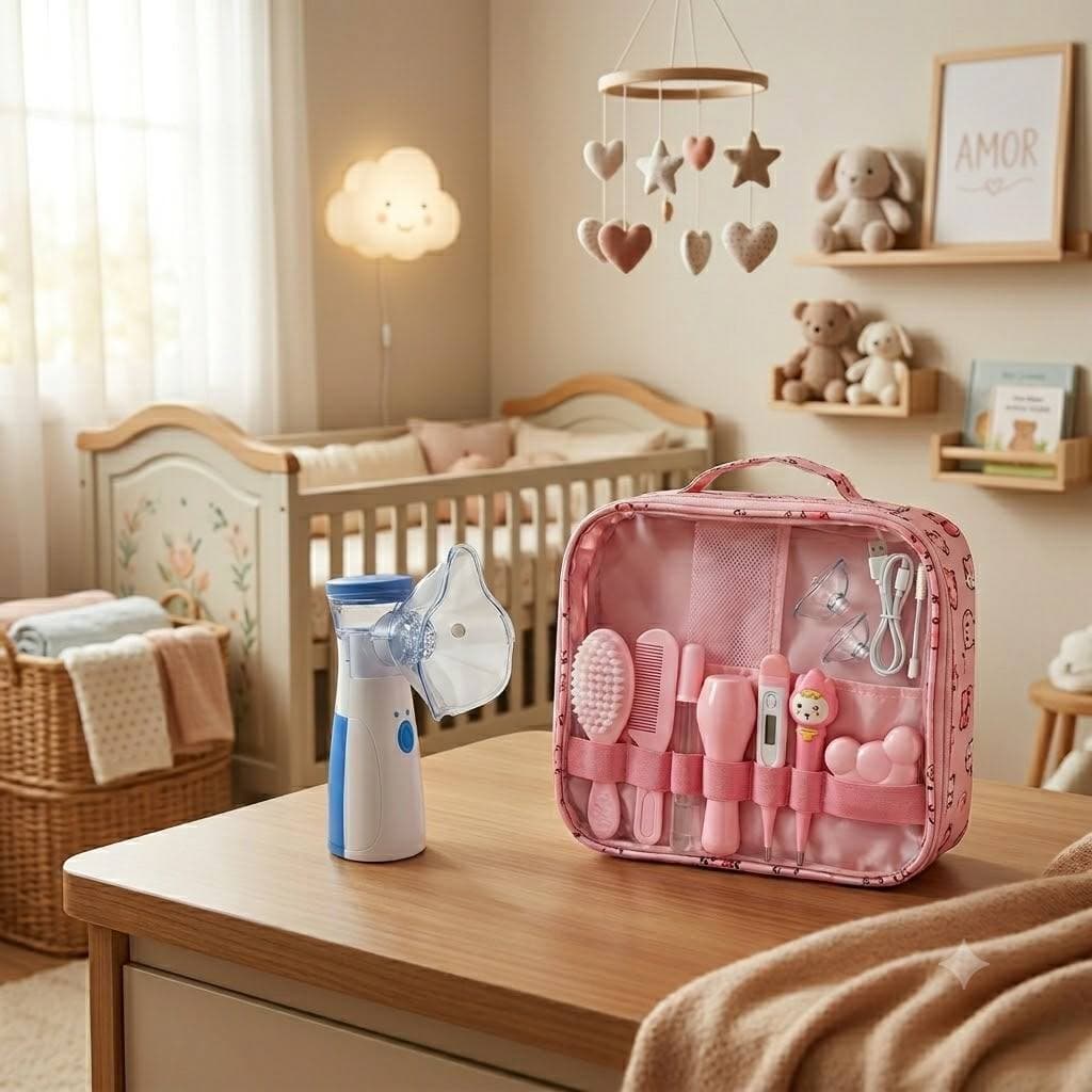 Kit Inalador Nebulizador Azul + Kit Cuidados Higiene Bebê 12 Pçs Menino Menina Banho Termômetro Presente Chá de Bebê