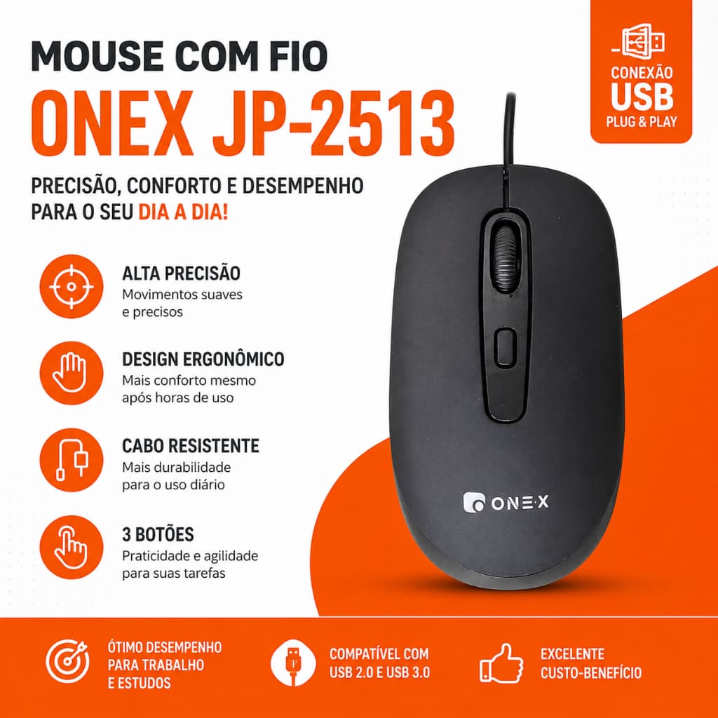 Mouse com Fio USB Onex JP-2513 Ergonômico Alta Precisão para PC Notebook Windows Mac Preto