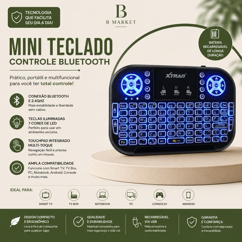 Mini Teclado Controle Bluetooth Sem Fio 2.4GHz Iluminado Para Smart Tv Tv Box Pc