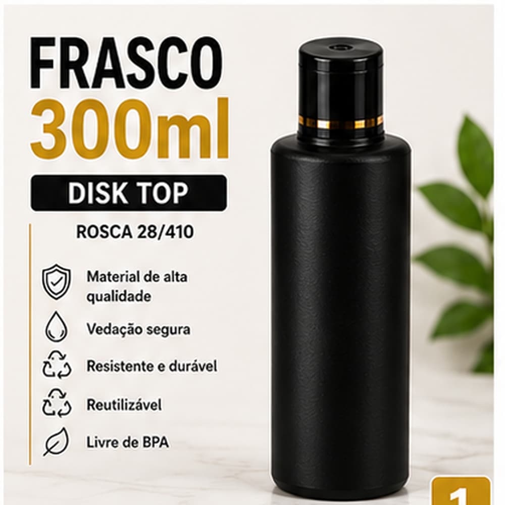 Kit Frascos 300ml Preto Tampa Disktop Rosca 28/410 Para Cosmeticos