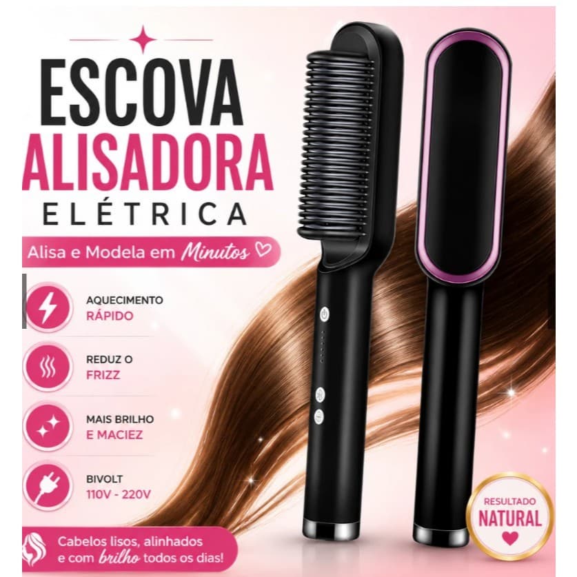 PROMOÇÃO  Escova Alisadora Bivolt 5 em 1 - Alisa, Hidrata, Modela, Alinha e Anti-Frizz