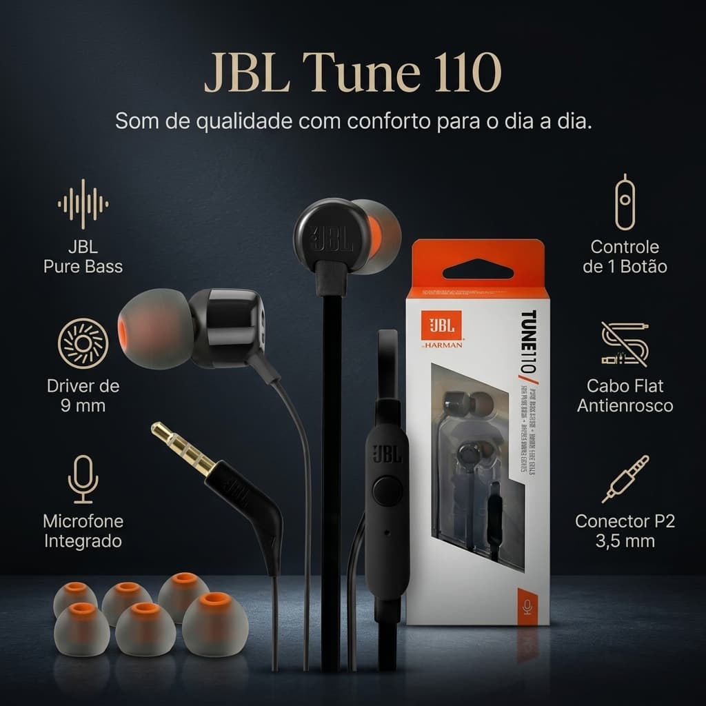 Fone JBL Original Intra Auricular com fio Tune 110 Entrada Cabo P2
