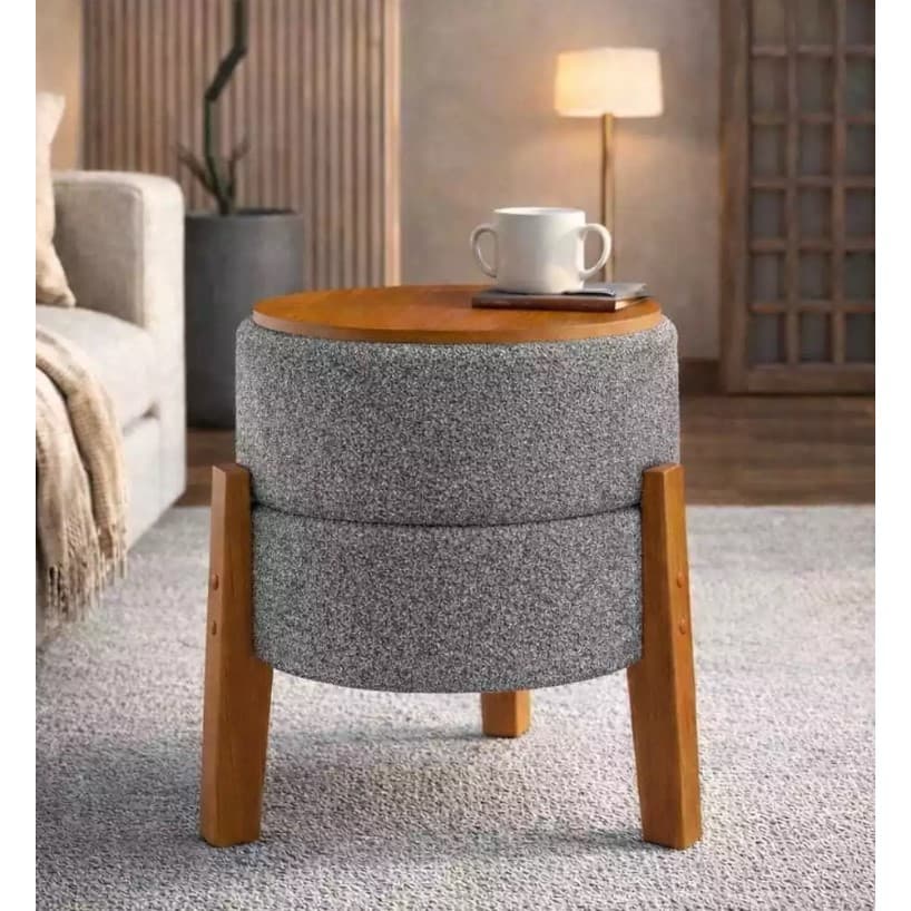 Puff Mesa Versa Redondo Decorativo com Pés em Madeira Mesinha 2 em 1 Tecido Boucle Multiuso