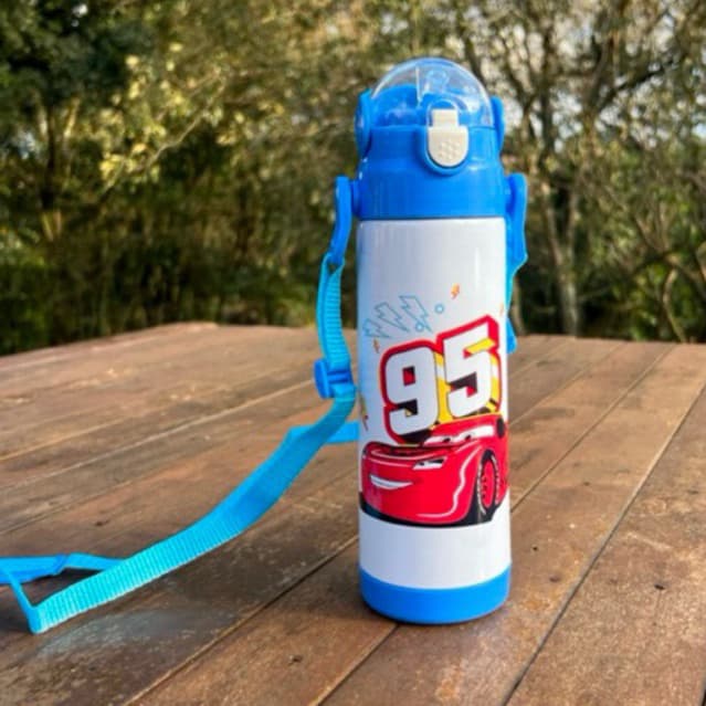 Garrafinha Térmica Personalizada Carros Mcqueen Com Nome Alça e Canudo 350ml Garrafinha termica infantil Carros Mcqueen