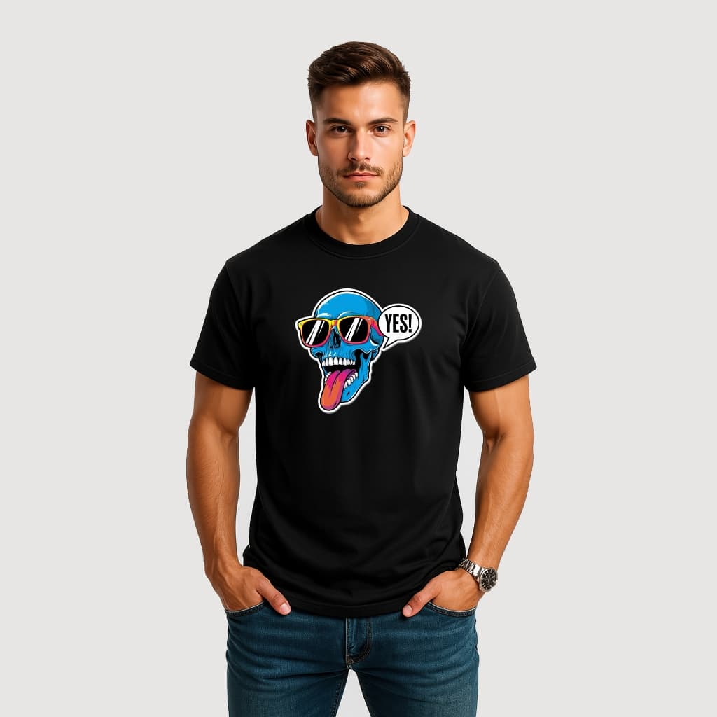CAMISETA MASCULINA ALGODÃO CAVEIRA AZUL OCULOS ESCUROS