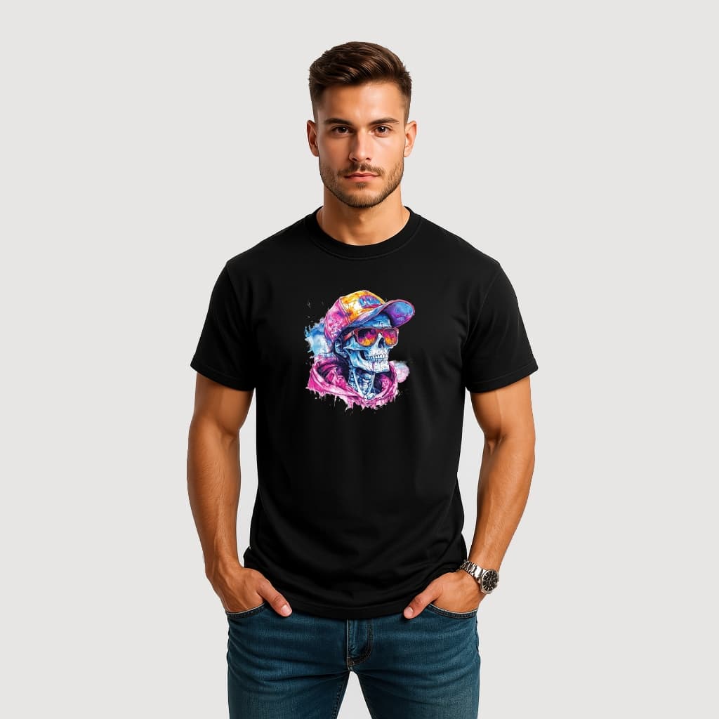 CAMISETA MASCULINA ALGODÃO CAVEIRA OCULOS BONE COLORIDO