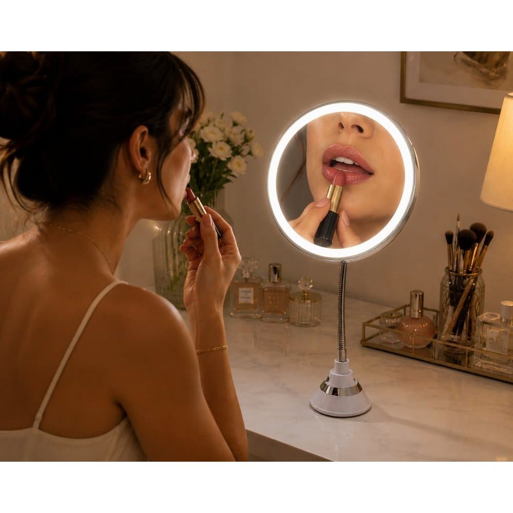 Espelho De Mesa LED Redondo Botão Touch Maquiagem Skincare USB Portátil Camarim Penteadeira Branco