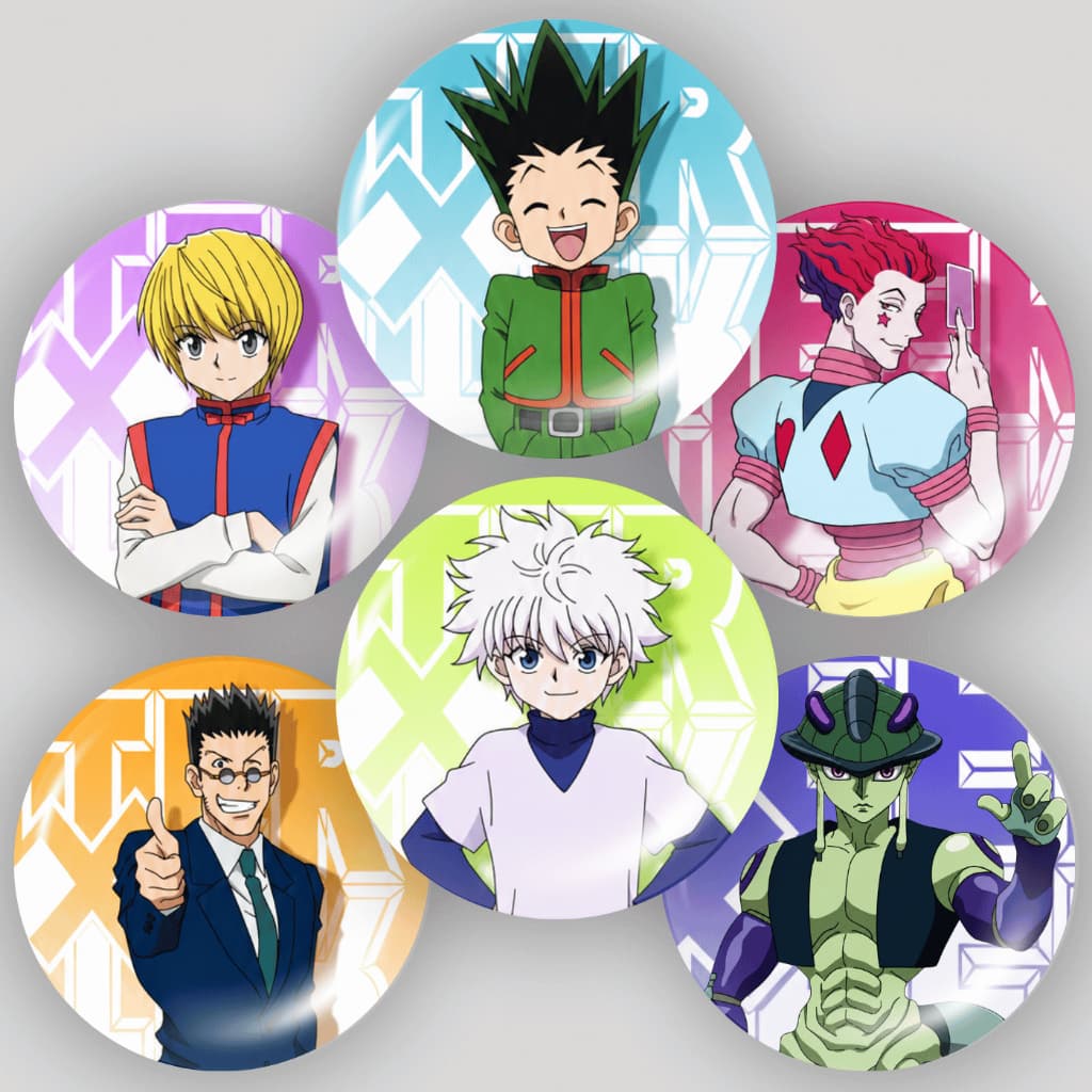 Kit 6 Bottons Hunter x Hunter Broches Geek Otaku Gon Killua Hisoka Meruem Kurapika Leorio 45mm Anime