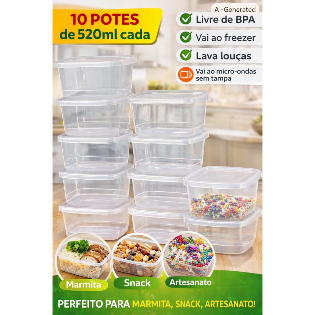 10 potes 520 ml Livre de BPA - marmita fit doce freezer  micro-ondas lava louças