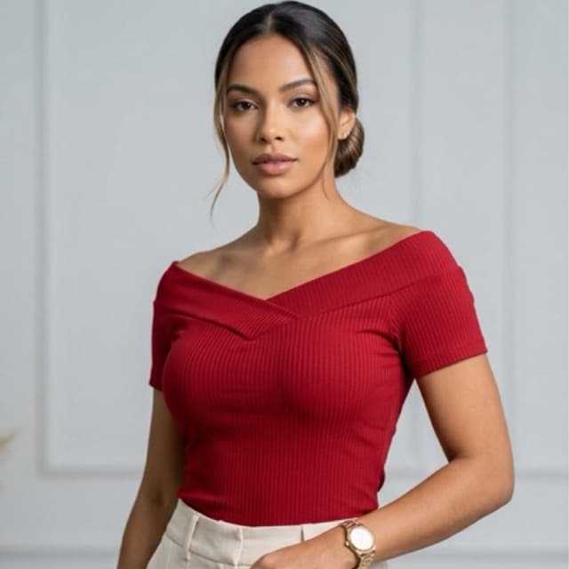 Blusa Feminina Ombro a Ombro Canelada | Gola Transpassada Manga Curta Elegante Casual Moda Feminina
