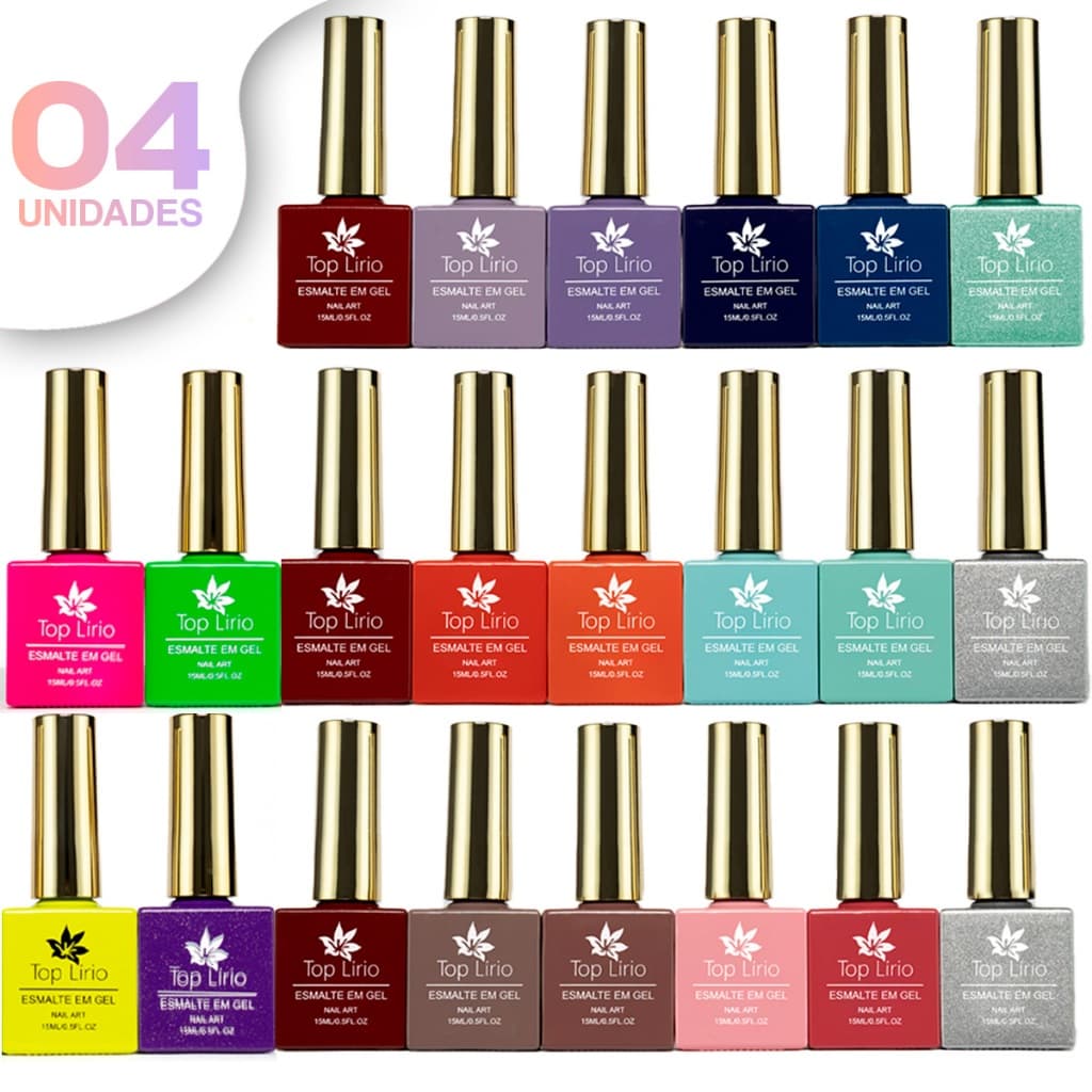 Kit 4 Esmaltes em Gel Lirio 15ml Tampa Dourada LED UV Manicure Profissional