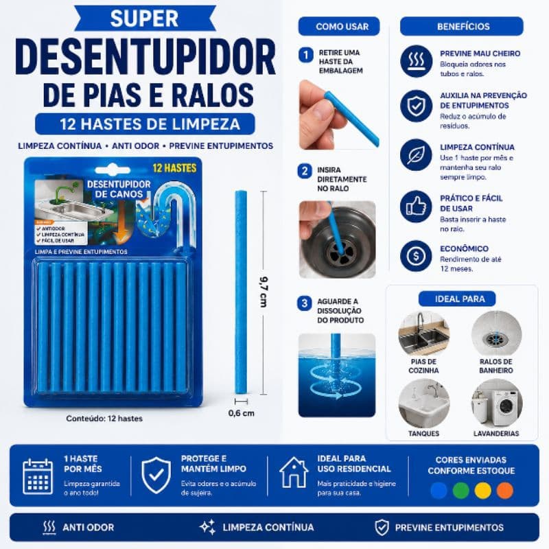 Super Desentupidor de Pias e Ralos 12 Hastes Limpadoras Antiodor para Cozinha Banheiro e Lavanderia