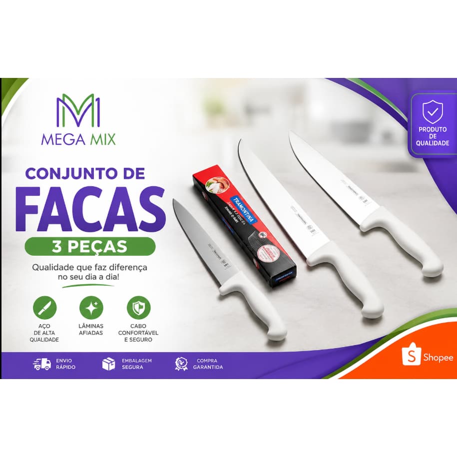 Kit Facas Tramontina 3 facas tramontina  profissional master aço inox