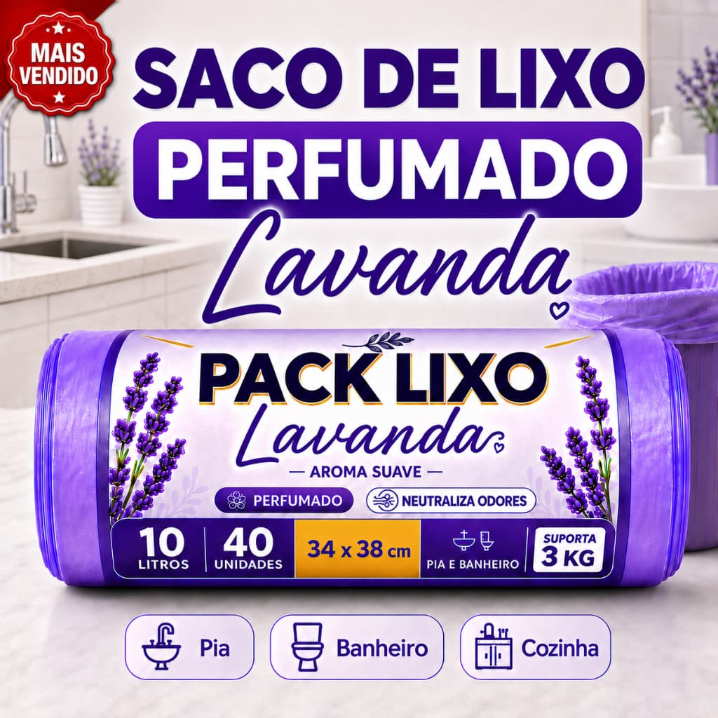 Saco de Lixo Perfumado Lavanda 10 Litros 34x38cm Kit Pia Banheiro Cozinha Neutraliza Odores
