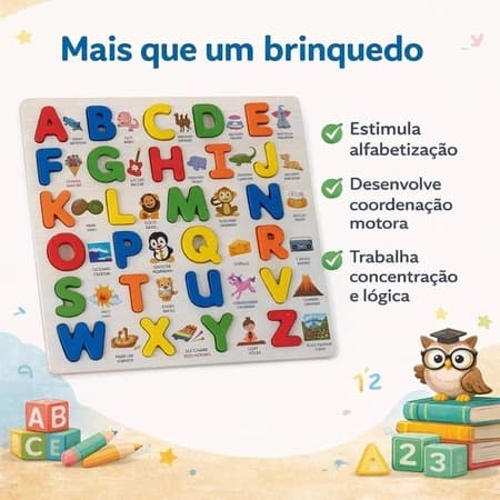 Tabuleiro de Madeira Brinquedo Alfabeto Infantil Montessori de Madeira Educativo Para Alfabetização
