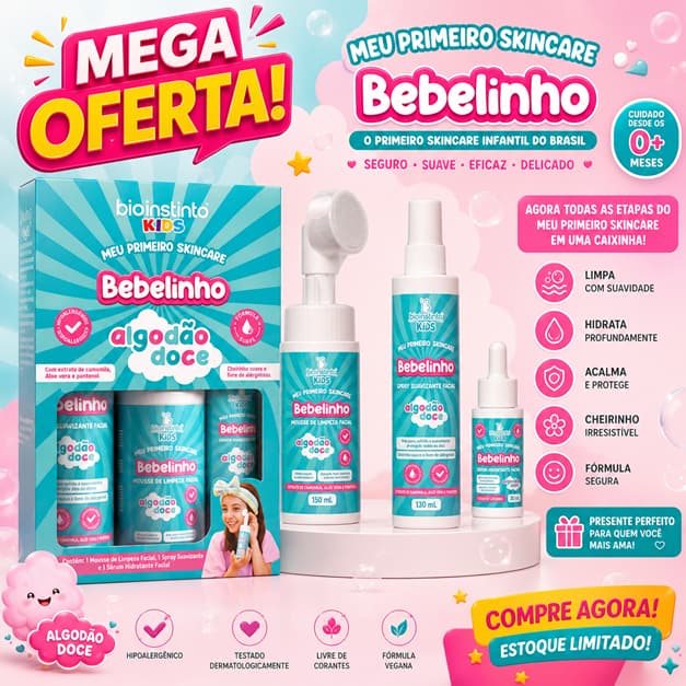 kit 3 itens skincare Bio Instinto Infantil Bebelinho Algodão Doce Limpa e Hidrata Hipoalergênico