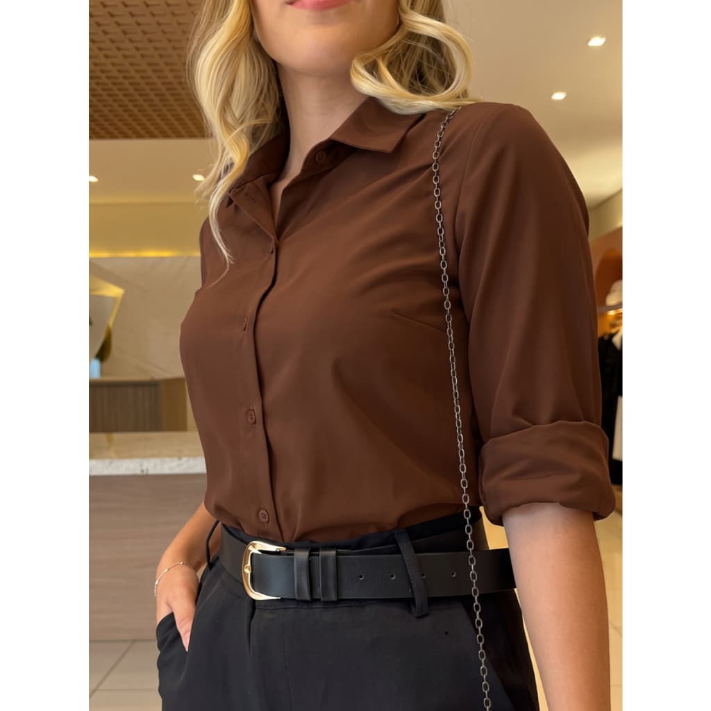 Camisa  Social Feminina Manga Comprida Crepinho Liso Premium e Duna Listrado Manga Longa Blusa Gola Colarinho Elegante