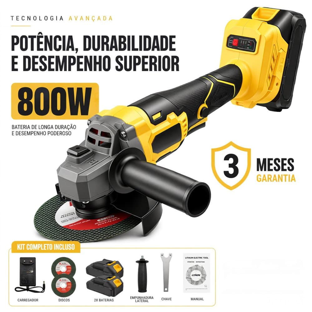 MOHOR 48V Esmerilhadeira Sem Fio 800W com 2 Baterias Lixadeira Angular Elétrica Profissional para Corte de Metal