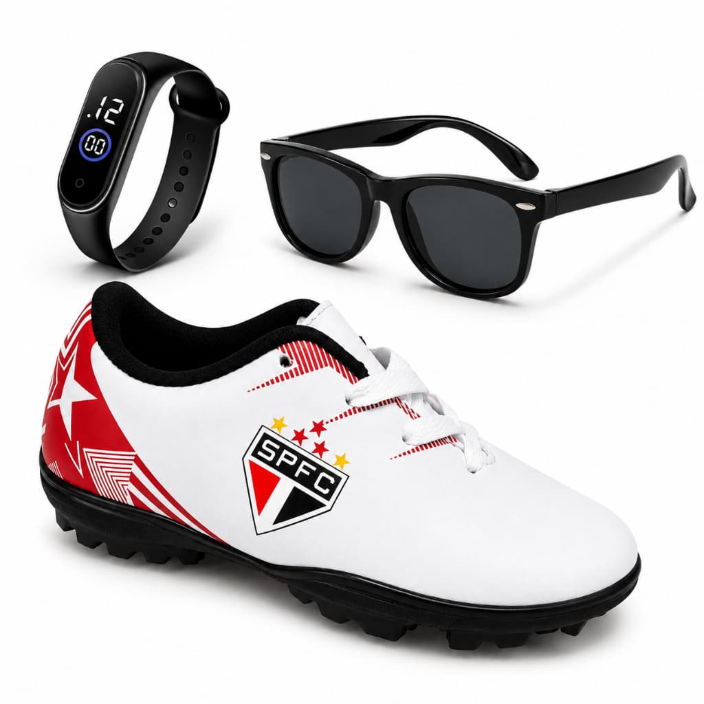 Kit Chuteira Infantil Society Tricolor Branca Estrela+ Relógio Digital + Óculos ⚽| Envio Rápido | 28 ao 36