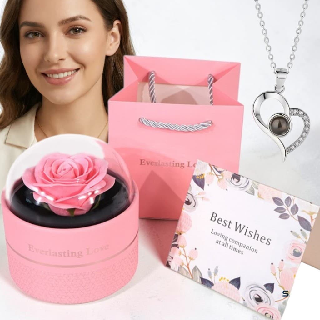 Rosa Eterna Preservada + Colar Feminino "Eu Te Amo em 100 Idiomas" Presente Premium para Dia Dos Namorados  Mãe, Esposa