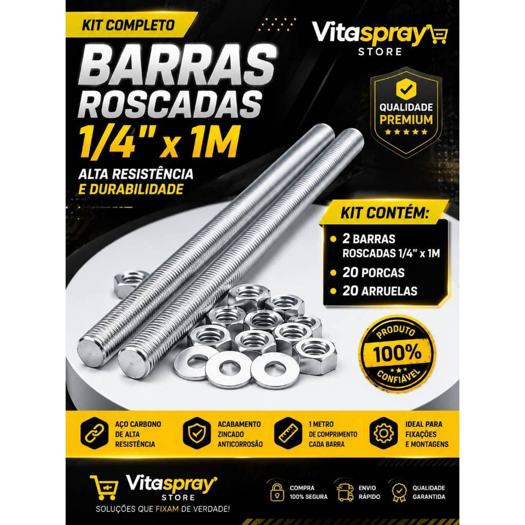Kit 2 Barras Roscadas 1/4 x 1m Zincadas + 20 Porcas + 20 Arruelas Alta Resistência