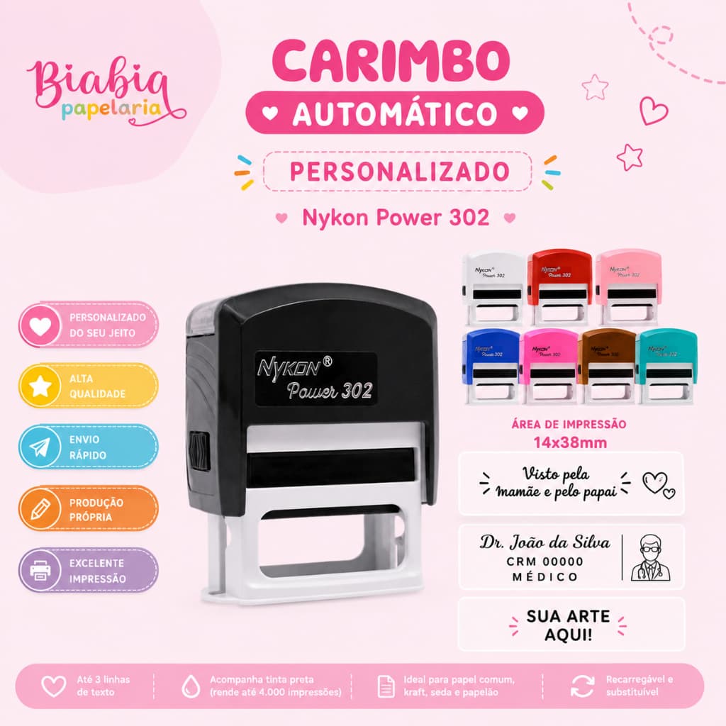 Carimbo Personalizado Nykon 302 Automático Nome Empresa CNPJ Professor Enfermeiro Médico