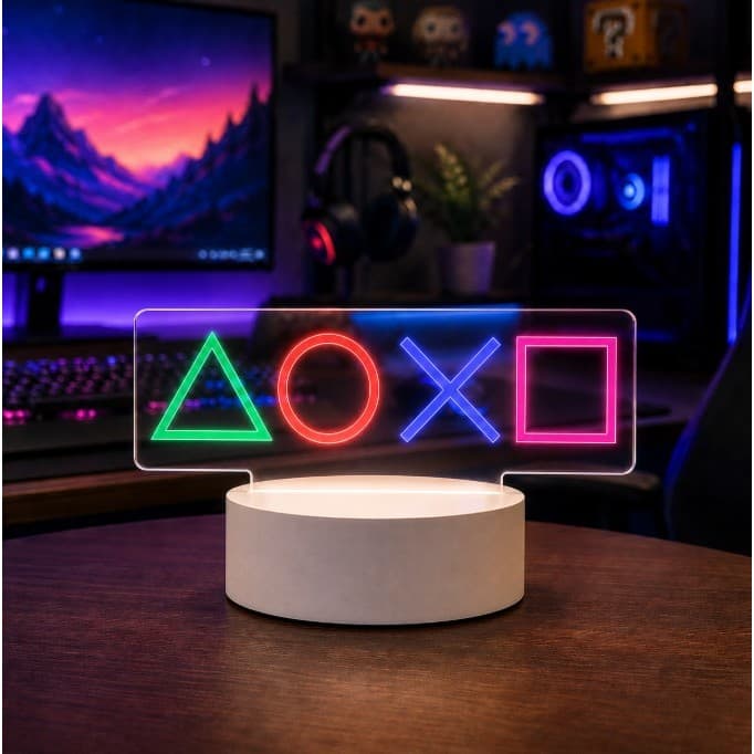 Luminária de Mesa de LED Playstation Símbolos Gamer PS4 PS5 Nintendo Xbox Presente Game Geek